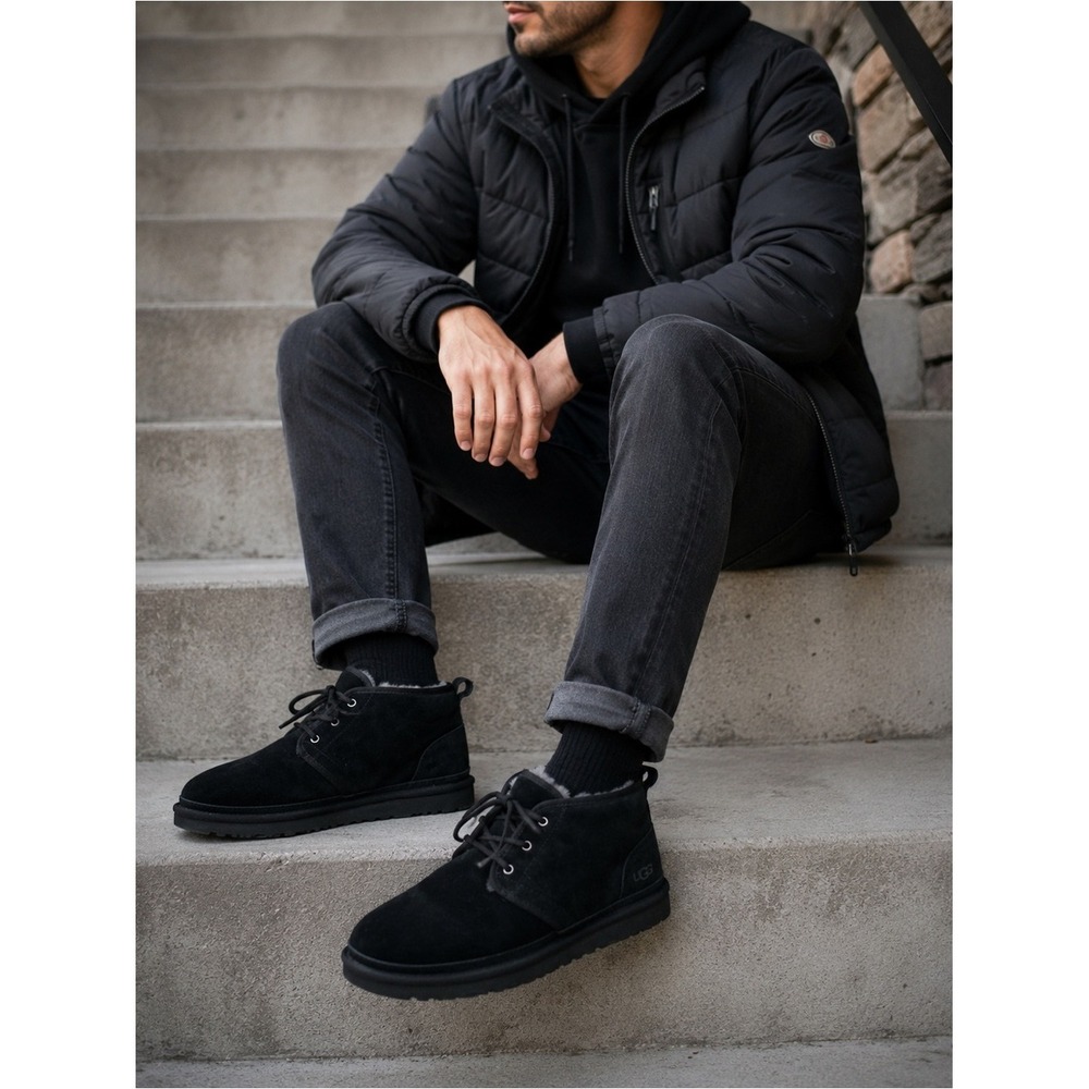 UGG Neumel Black Suede Chukka Boots Shearling Lined Men's Size 11 Cozy